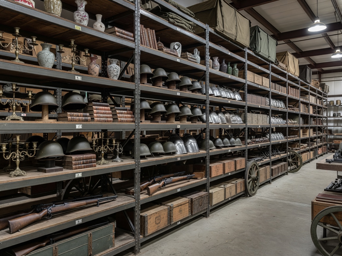 Organized prop catalog warehouse with antique assets and military replicas