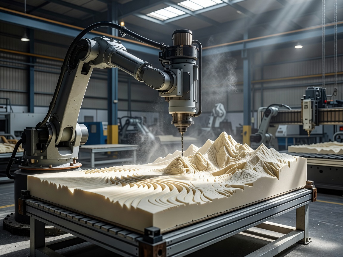 Heavy duty scenic robotic router processing foam block in workshop