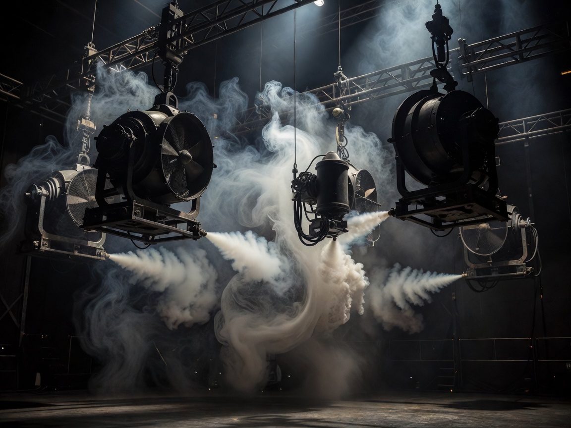 Heavy duty atmospheric wind machines and smoke riggers on stage for physical SFX