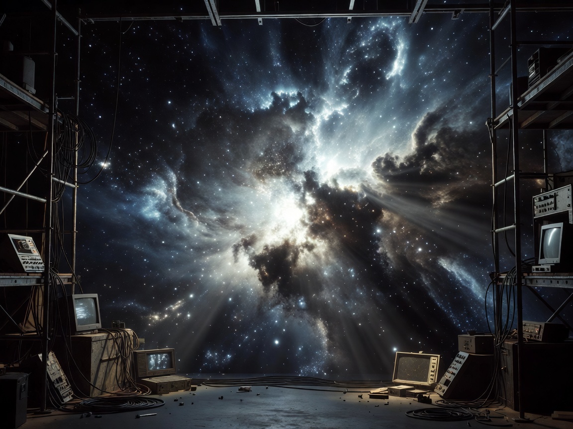 Indie sci-fi set featuring high-contrast volumetric rendering background screens