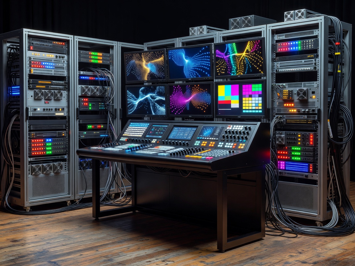 Realtime rendering cluster server racks and camera calibration monitors