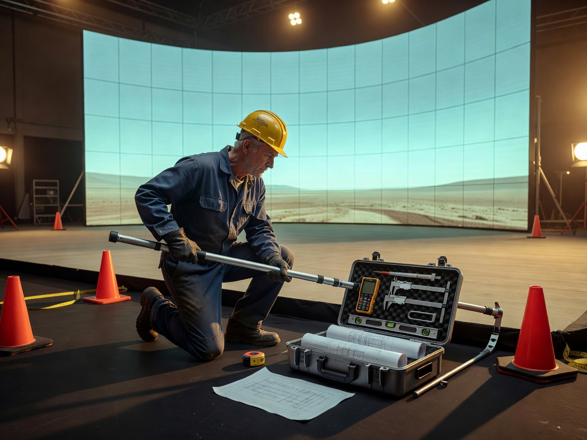 Platform inspector verifying physical dimensions of a virtual production set layout